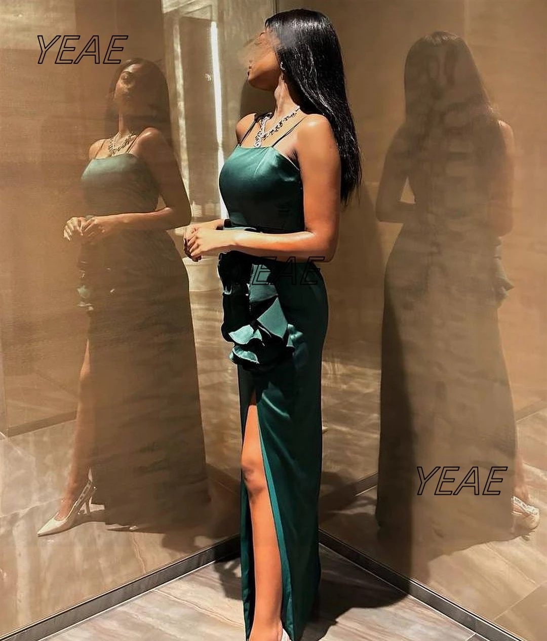 

Santorini Wedding Party Bridesmaid Dress Spaghetti Straps Prom Dresses Flower Sash Side Slit Long Maid of Honor Evening Gowns