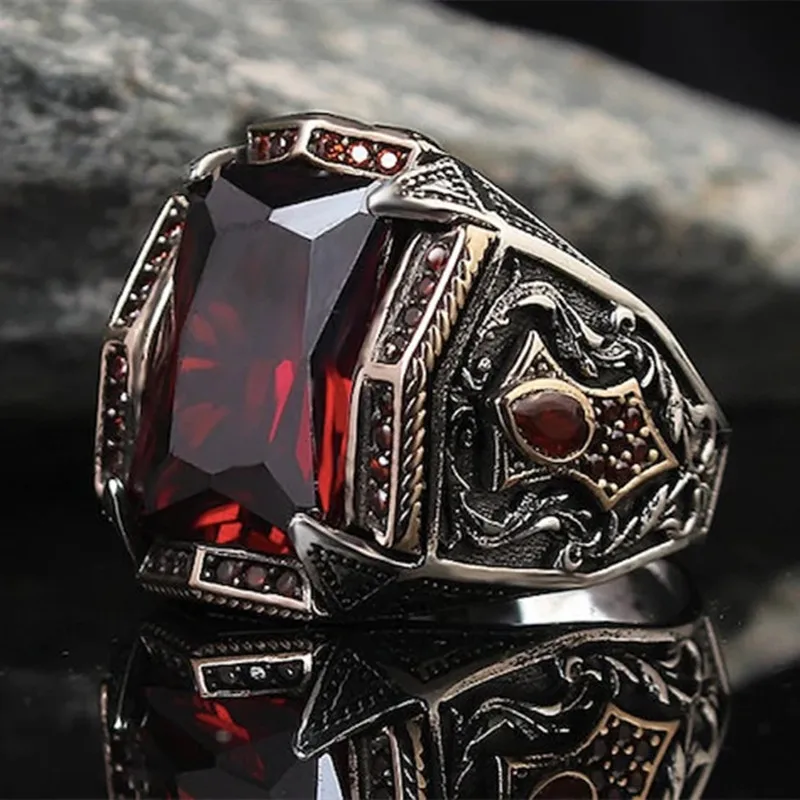 Vintage Handmade Turkish Signet Ring For Men Women Ancient Silver Color Carved Ring Red Yellow Zircon Inlay Punk Motor Biker 1