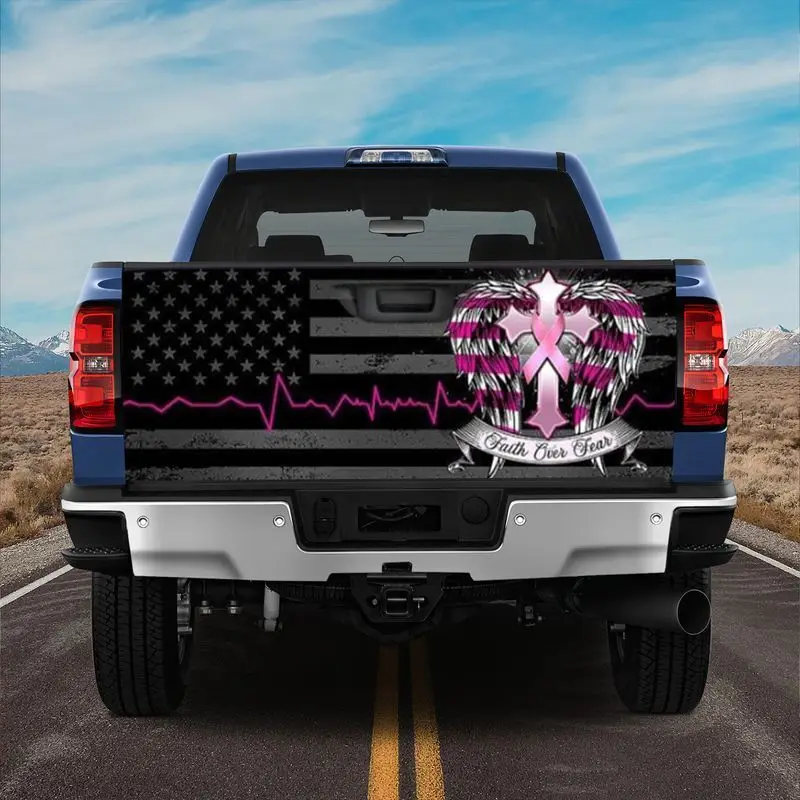 

Breast Cancer Awareness Faith Over Fear Truck Tailgate Wrap USA Flag Pink Ribbon