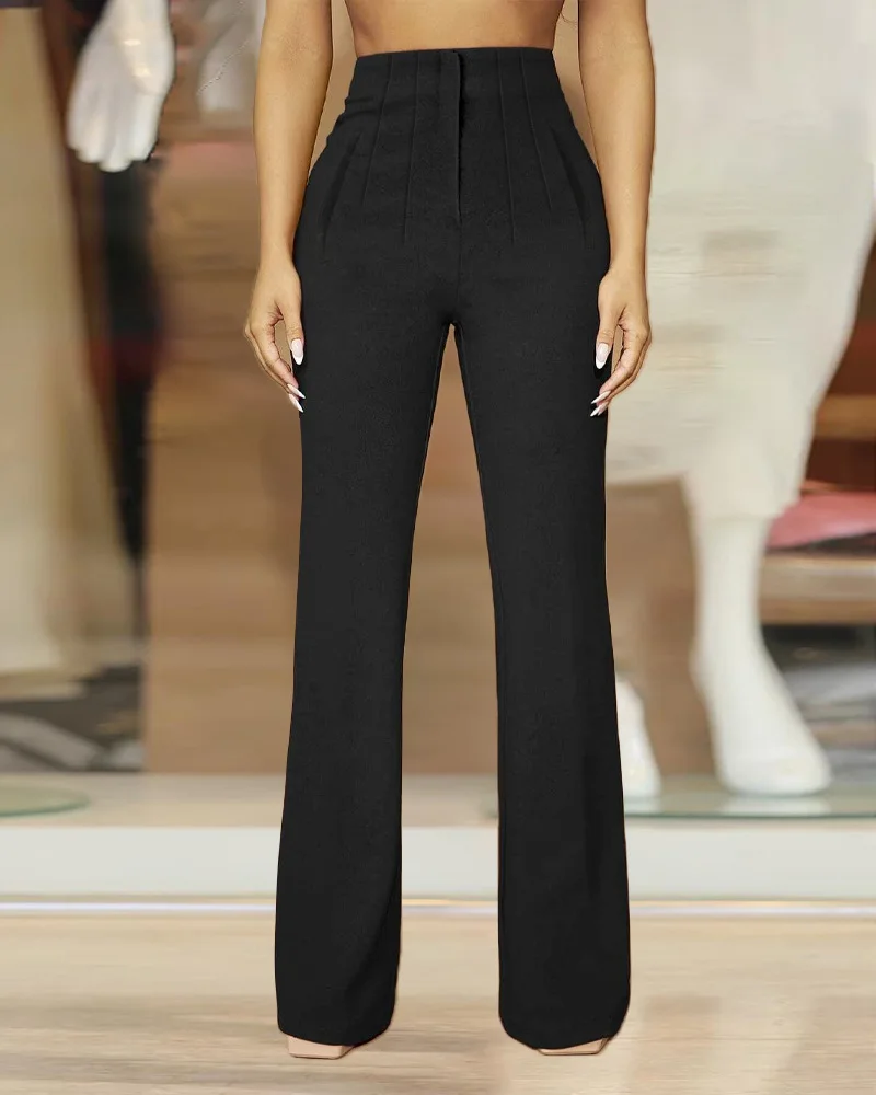 

Women Pants Wide Leg Pants Floor Length Zipper Fly Slim Fit Flat Office Lady Solid Color Pockets High Waist Boot Cut Autumn