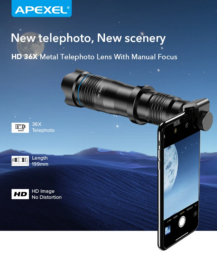 APEXEL Optional HD 36X metal telescope telephoto lens monocular mobile lens+ selfie tripod for Samsung Huawei all Smartphones