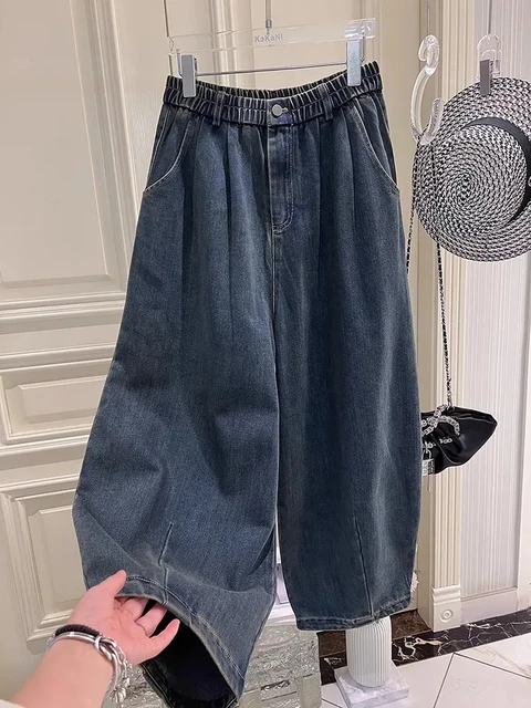 Plus Size 5XL 140kg Summer Autumn Ankle-Length Pants Elastic Wasit Wide Leg Jeans for Woman Big size Jeans Oversized Women