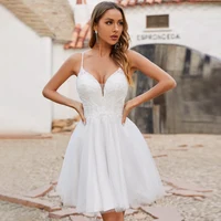 Real Wedding Dress A Line Spaghetti Straps V Neck Applique Glitter Tulle Short Bridal Gown Backless  Dresses for Bride 1
