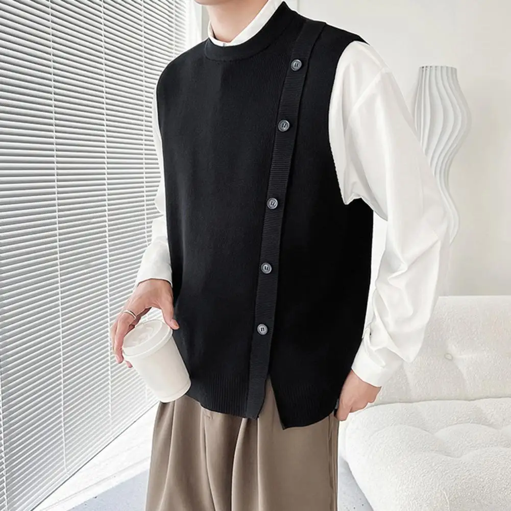 Breathable Men Sweater Vest Men's Fall Winter Sleeveless Sweater Vest with Single-breasted Knitted Design Elastic Solid for A