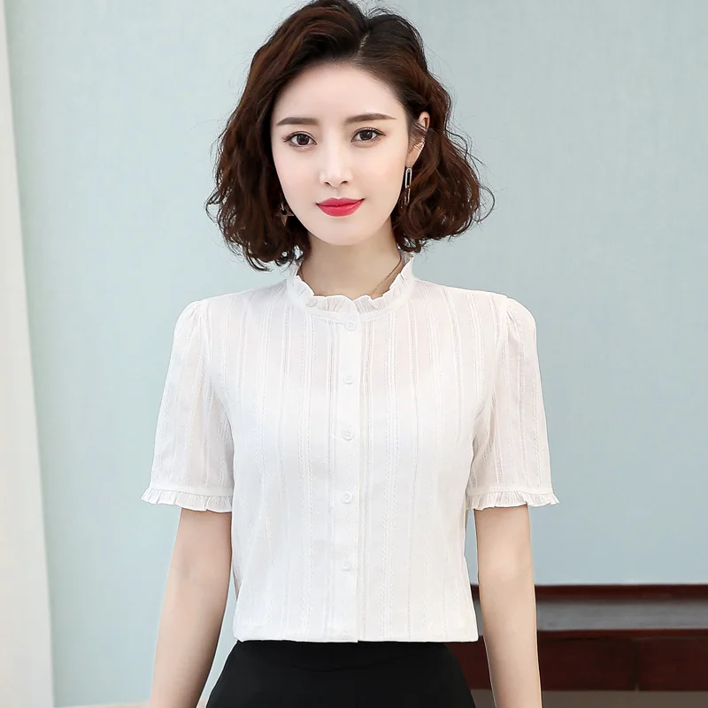 New Female Summer Casual Doll Neck Fashion Short Sleeved Pure Cotton Shirt Women'S Versatile Temperament Slim Fit Bottom Top