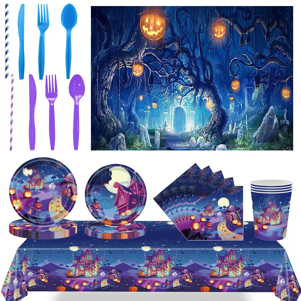 

Black Cat Fantasy Purple Halloween Birthday Party Celebration Decoration Disposable Tableware Banner Baby Shower Kid Gift
