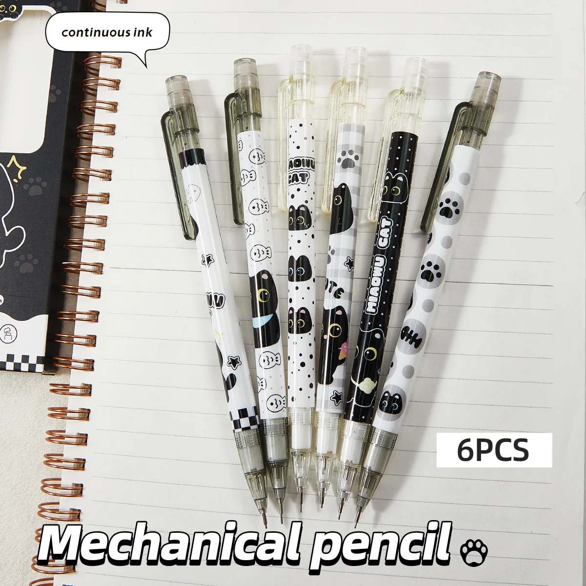 Mechanical Pencils 0.5mm for Writing & Drawing, Cute Cat Design, Ideal for Office & School Use, Multicolor Set of 6 - 6