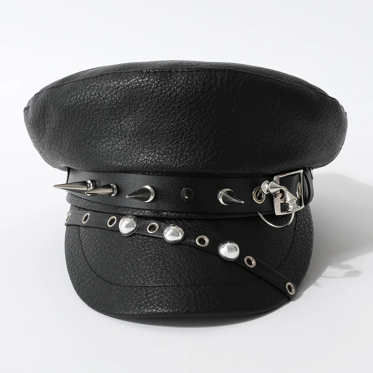 Women Hats Leather Rivet Show Navy Cap Skinny Cap New Niche Punk Hip Hop Wind Beret Black PU Military women military hat mens hat