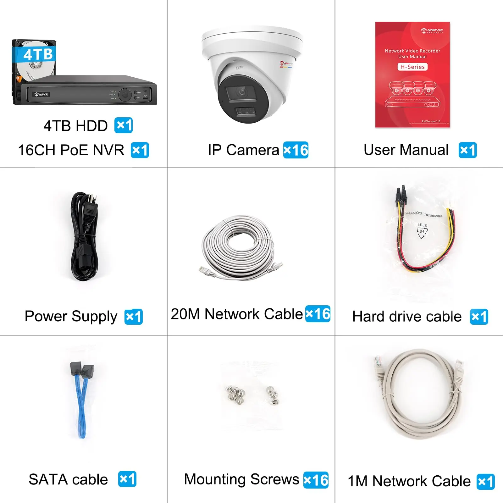 Anpviz 12MP NVR 32채널 PoE 보안 카메라 플러그앤플레이 시스템 32CH H.265+ NVR 및 8TB HDD 16포트 PoE 스위치 24개 4K 카메라