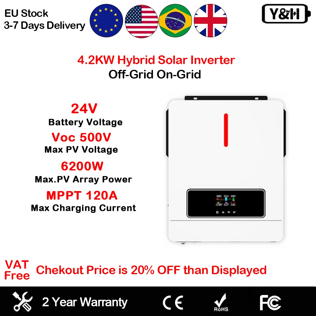 Inverter Solare Ibrido Y&H Off-Grid 1KW 2KW 3KW 4.2KW 6.2KW 10.2KW 230VAC 12V 24V 48V con Regolatore Solare MPPT Onda Pura