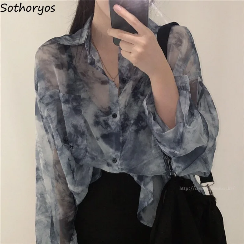 

Shirts Women Tie-dye Long Sleeve Fashion Gothic Female Tops Holiday Street Casual Baggy Ulzzang Style Harajuku Teens All-match