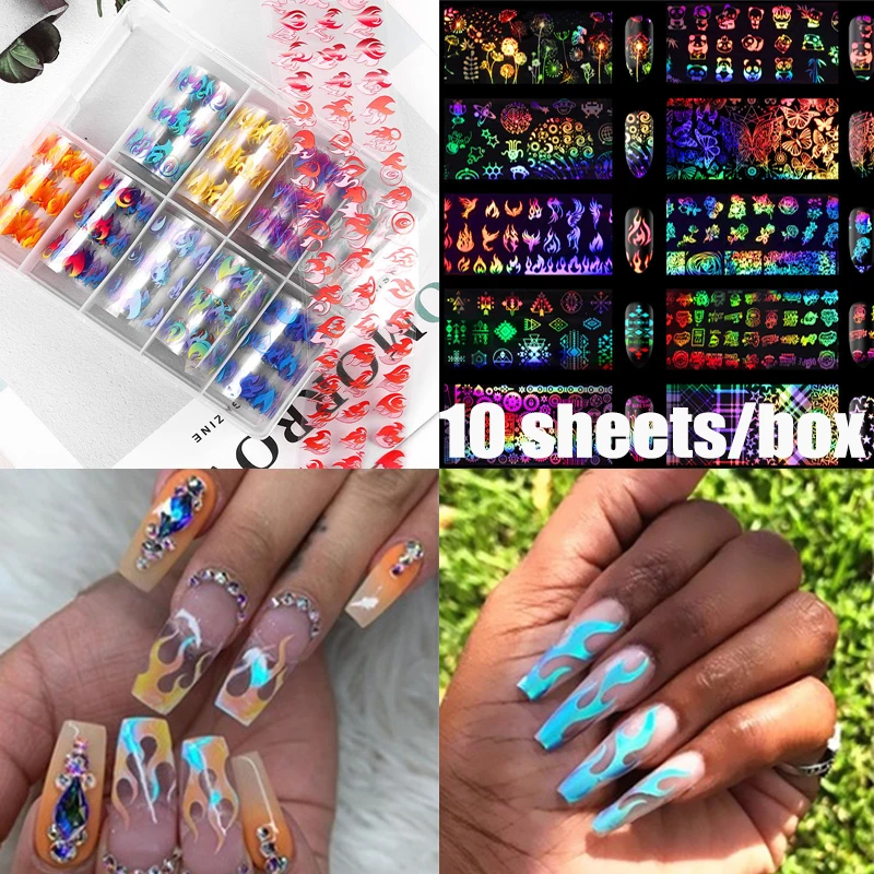

3D дизайн ногтей пламя голографический лазер для ногтей виниловая наклейка блеск лазер дизайн ногтей алюминиевая фольга переводная наклейка Дизайн ногтей украшения