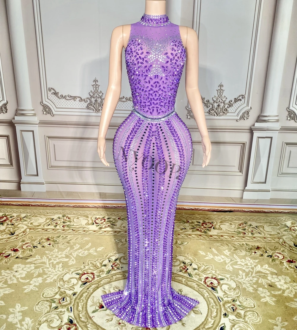 Luxurious Purple Rhinestones Mesh Transparent Sleeveless Long