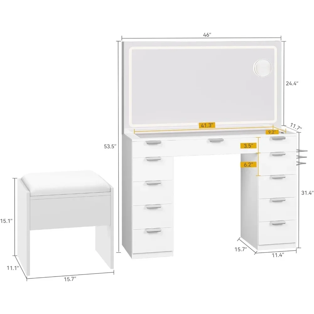 Vanity Desk Set Adjustable LED Lighted Mirror & Power Outlet Glass Top Makeup Vanity 11 Drawers Magnifying Glass Items makeup dressing table box container drawer nordic organizer Woman coiffeuse dressers