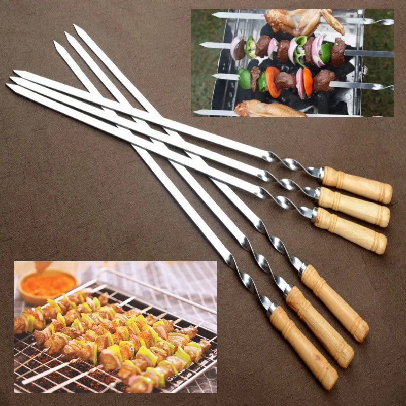 

Large Size 55 * 1.1 * 0.8cm Stainless Steel Barbecue Skewer with Wooden Handle and Stainless Steel Main Body Barbecue Tool