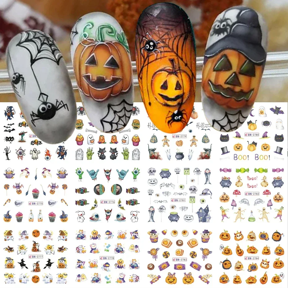 12pcs/set Halloween Spider Nail Stickers Water Decals Cute Holiday Cartoon Design Pumpkin Ghost Sliders for Manicure Decorations