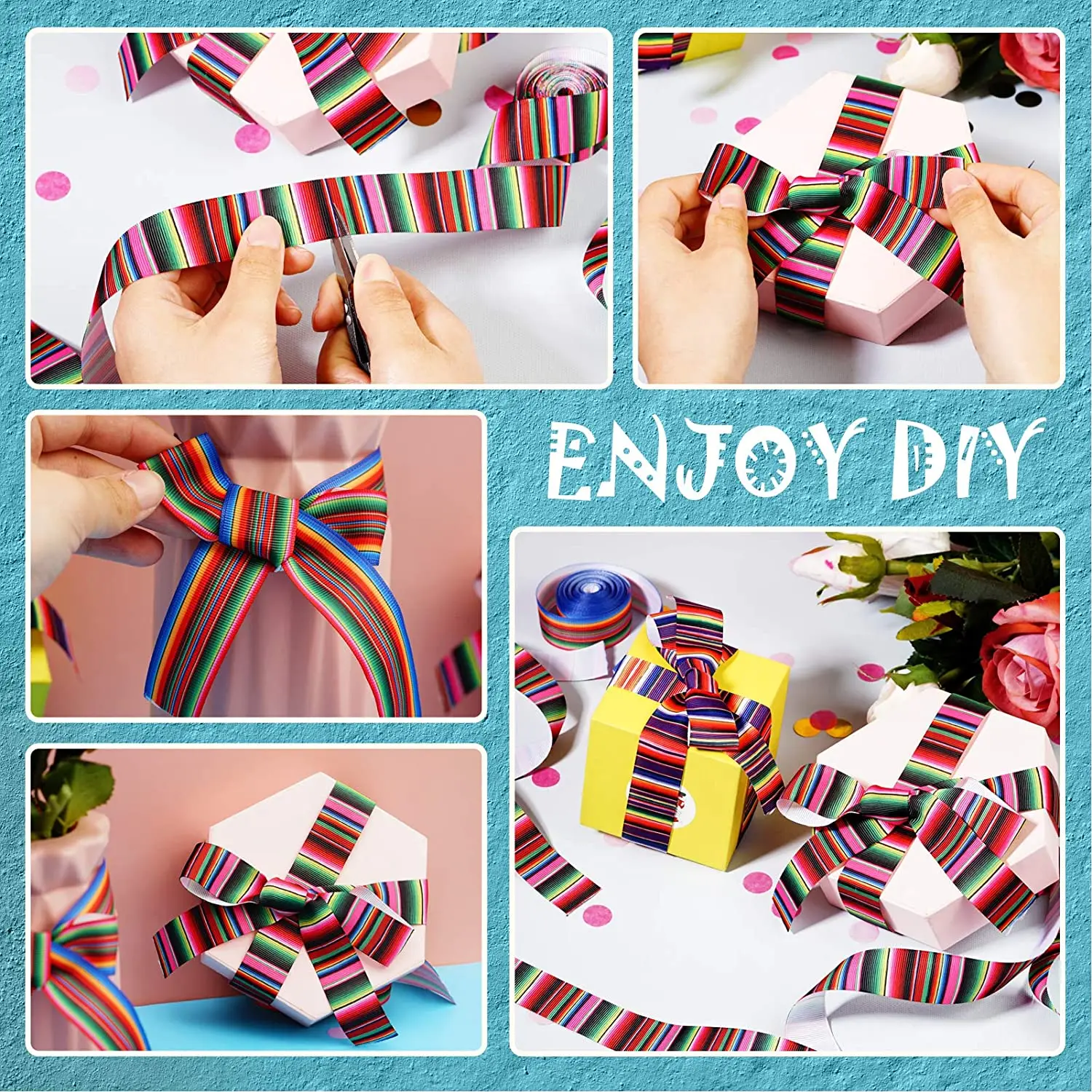 Ribbon Decoration Ribbon Supplies Grosgrain Ribbon 5 Yards/Roll 25 63mm Mexican Serape Rainbow Stripes Grosgrain Ribbon for Hair Bow Making Supplies Holiday Party Decoration