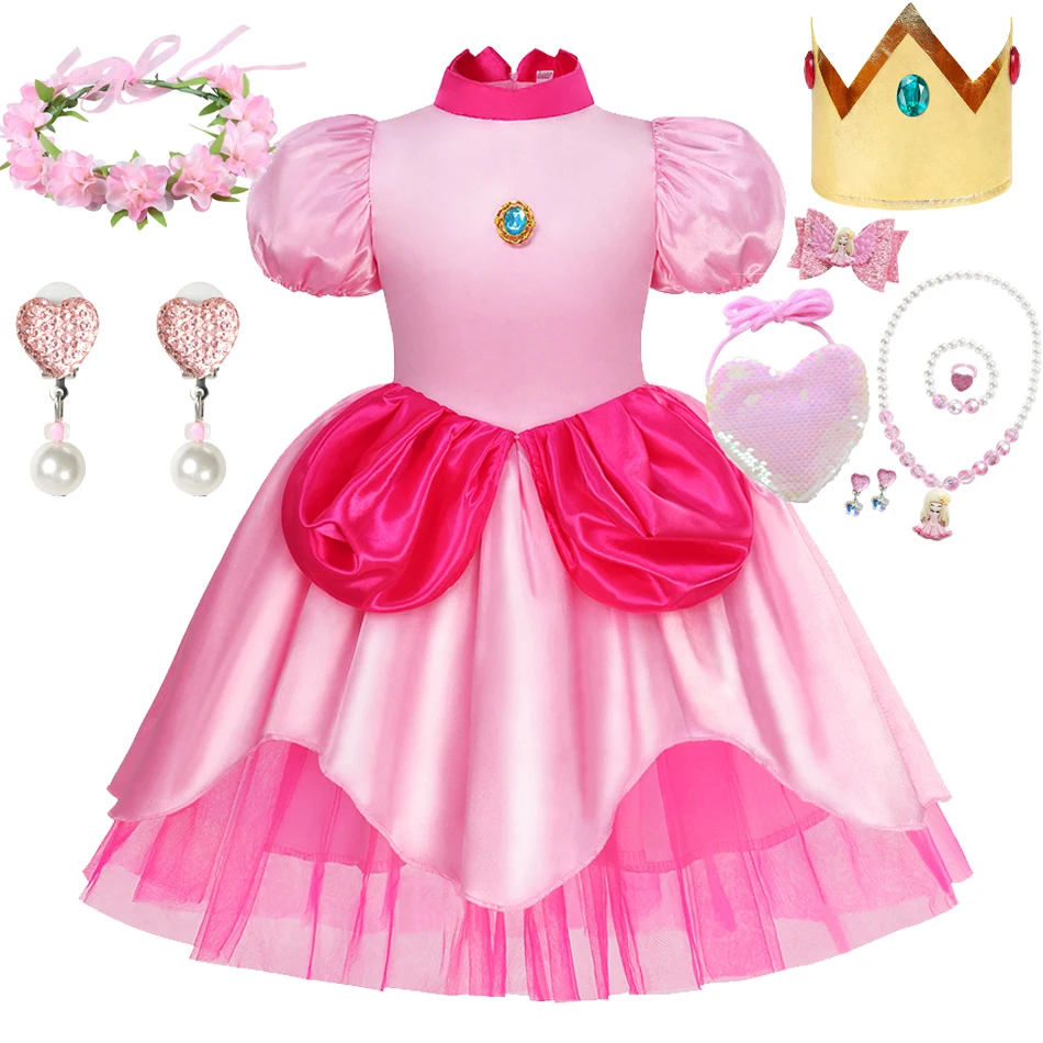 

New Peach Princess Dress For Girls Kids Short Sleeve Fancy Crown Cosplay Costume Baby Halloween Carnival Party Outfits 2-10Y