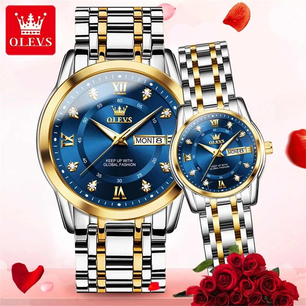 OLEVS-Montre de couple en acier inoxydable étanche, montres à calendrier pour touristes, montre à quartz pour amoureux, cadeau de luxe pour hommes et femmes, Top Original