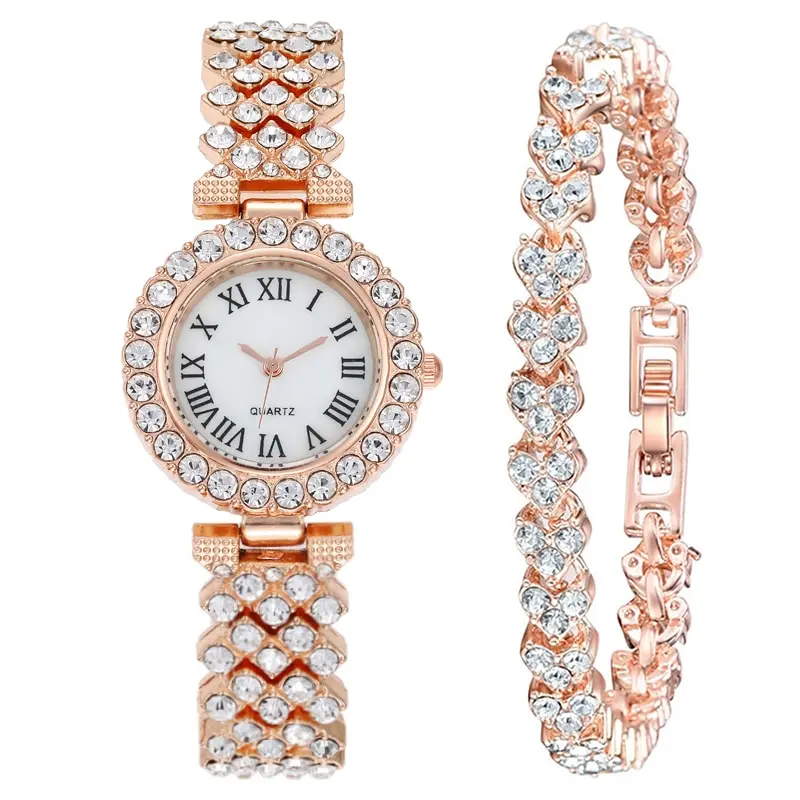 Elegant Black Alloy Quartz Movement Watch With Crystal Trim Bezel And Double Chain Bracelet