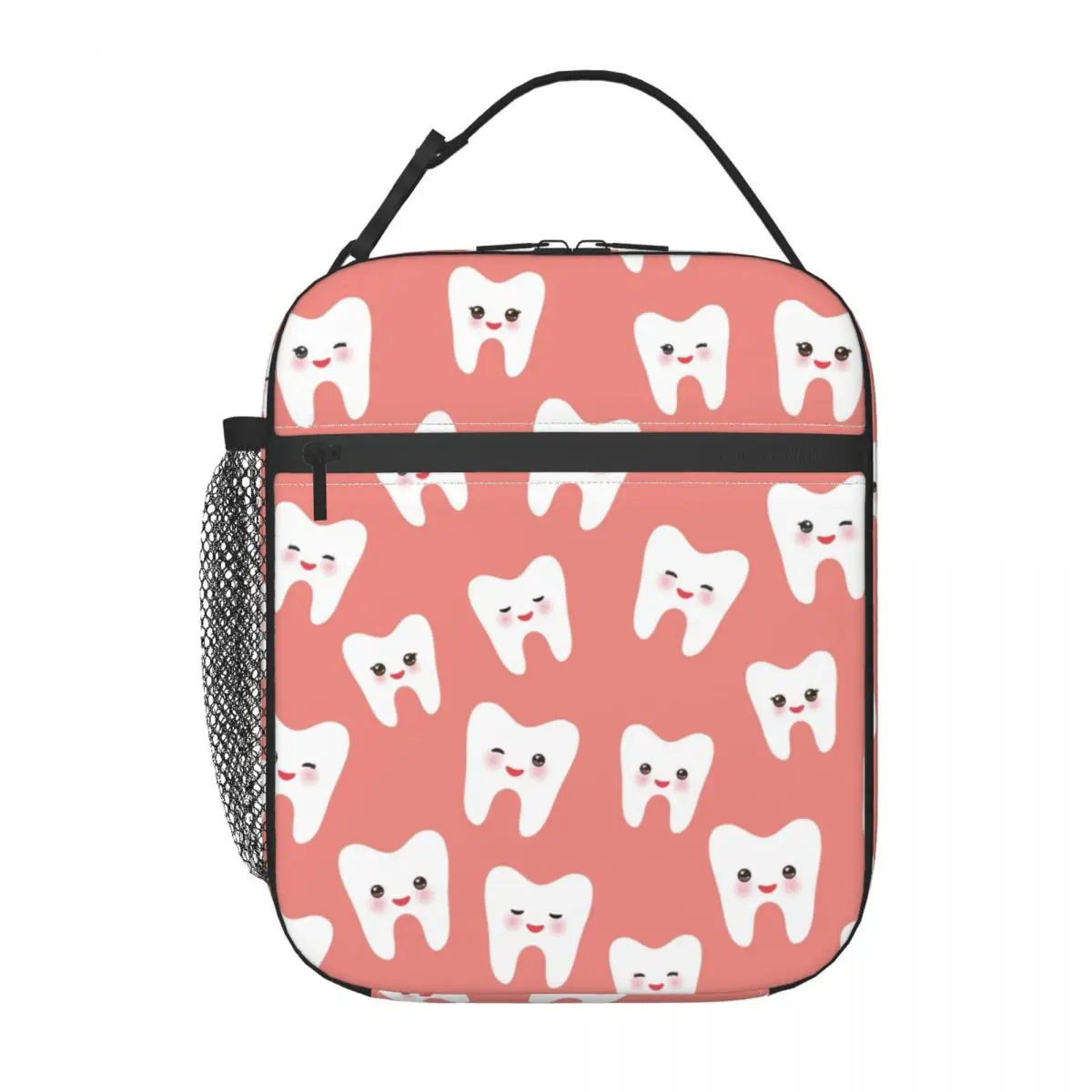 White Teeth With Funny Faces Insulated Lunch Bag for Women Resuable Dentist Tooth Thermal Cooler Lunch Box Office Work School
