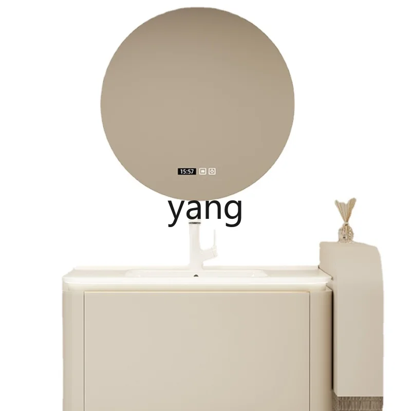 

Yjq Cream Style Solid Wood Bathroom Cabinet Integrated Ceramic Basin Combination Bathroom Minimalist Wash Basin Yellow