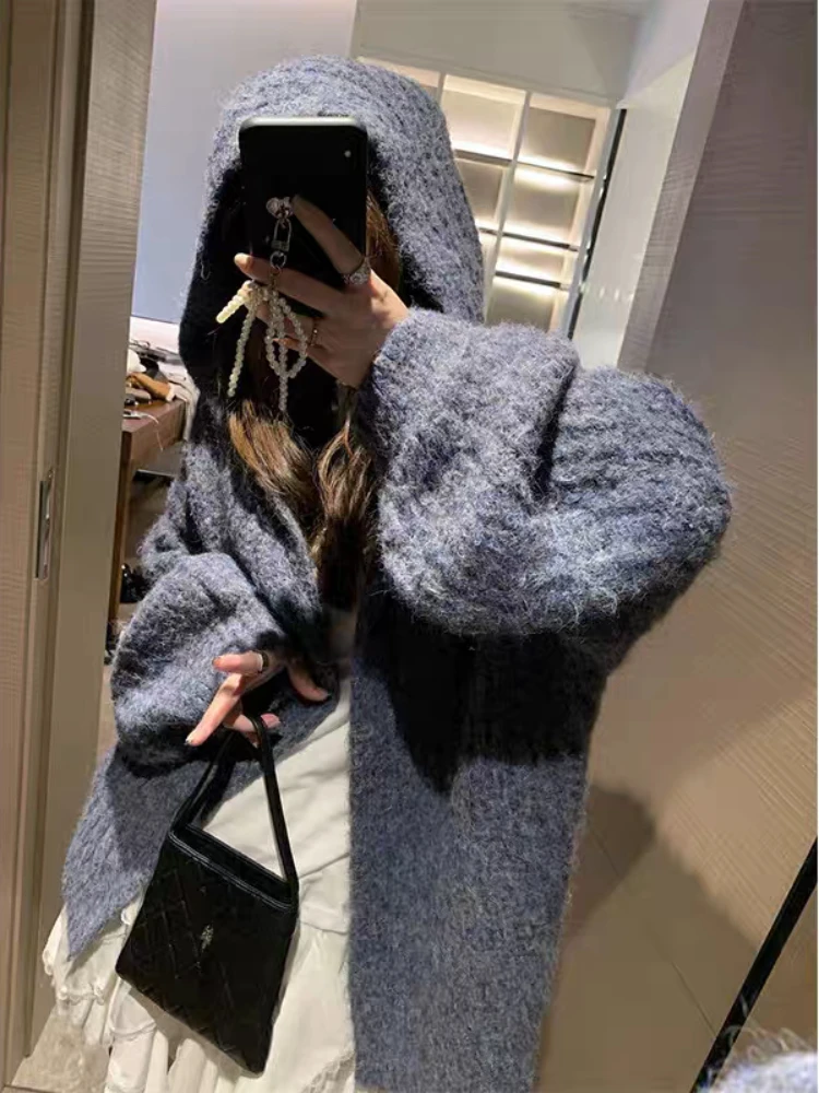 Fashion New Women's Loose Long Sleeve Elegant Cardigan Sweater Hooded Lantern Sleeve Solid Color Knitted Casual Top