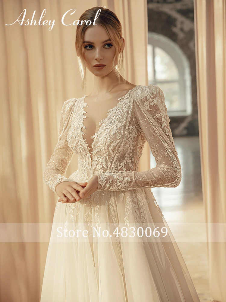 Ashley Carol Wedding Dresses For Bride Deep V-neck A-Line Lace Princess Appliques Brush Train Bridal Gowns Vestidos De Novia 3