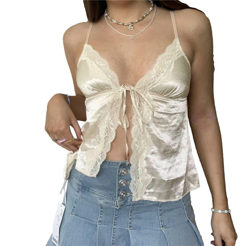 Camisola de encaje de verano para mujer, top beige rosa sin mangas con cuello en V, top ajustado, top corto dulce y sexy a la moda