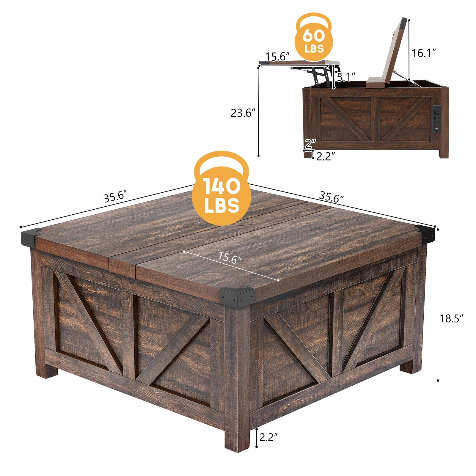 Farmhouse Lift Top Coffee Table, Living Room Central Table with Hidden Space, Wood Square Center Table w/Charging Station, Brown