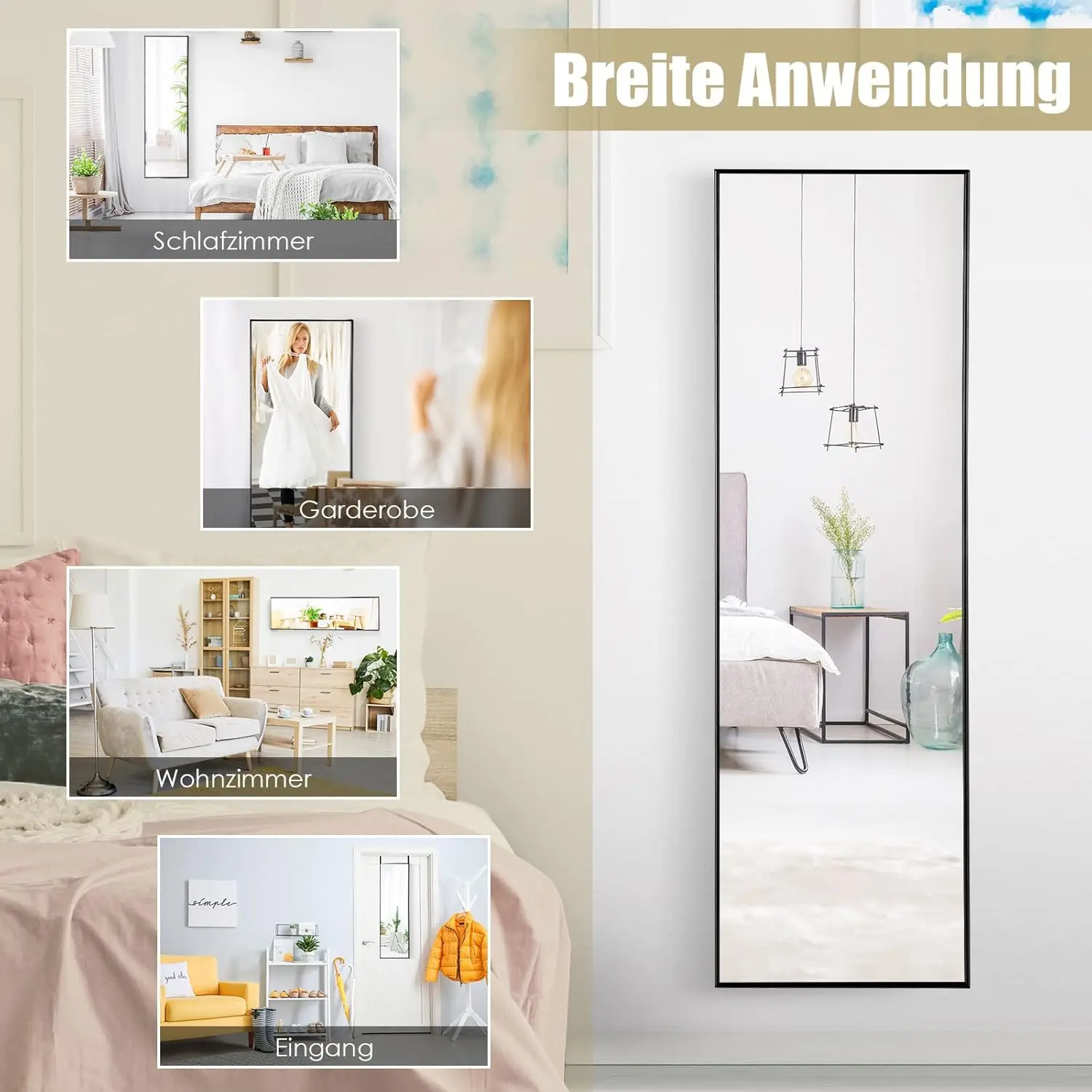 COSTWAY Specchio da Parete Lungo 108 x 36,5 cm, Specchio a Figura Intera Appendere con Cornice in Legno e Ganci, 2 Metodi di Montaggio e Altezza Regolabile ( Nero