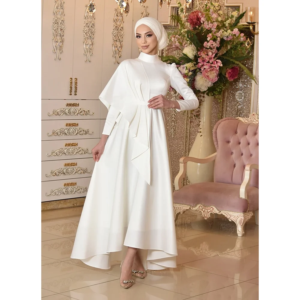 

Muslim White Prom Dress Fashion High Collar Long Sleeves Pleat Ankle Length A-Line Gowns Evening Gowns Party Dress for Women