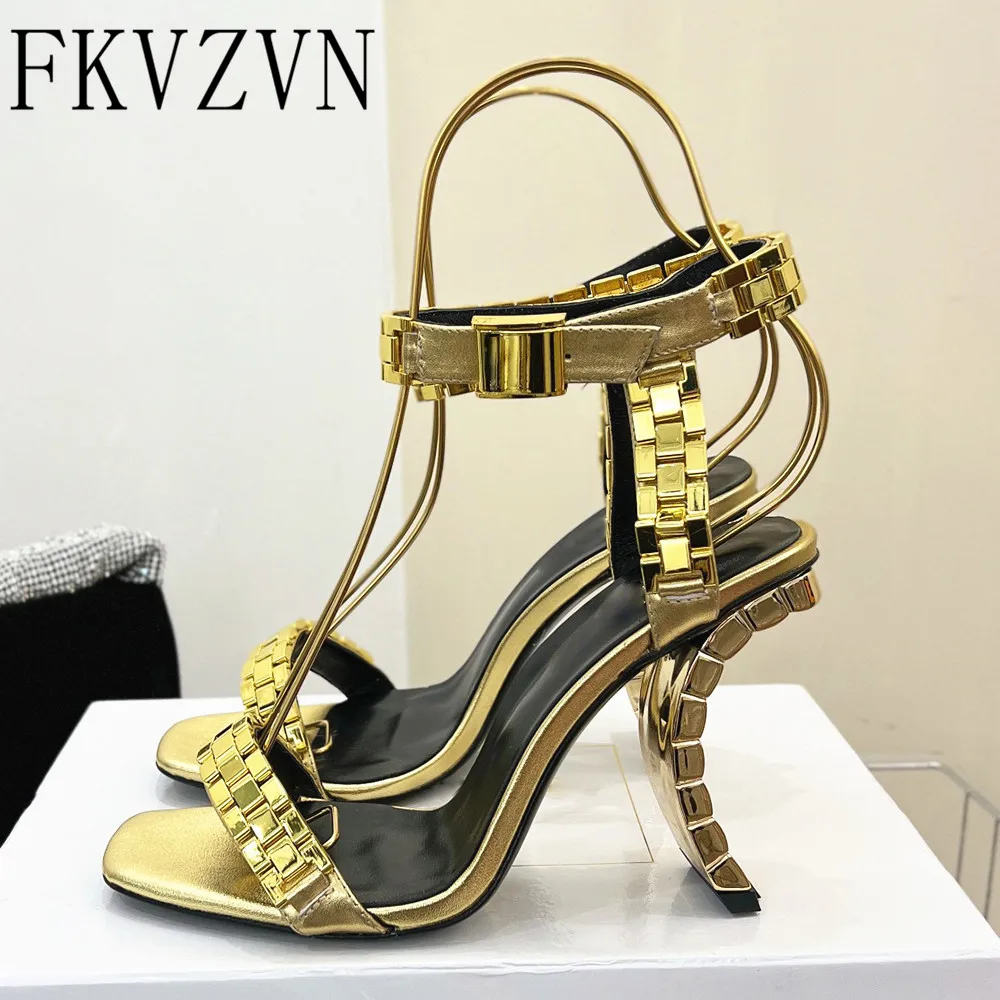 Genuine Leather Chains Heels Sandals One Belt Peep Toe Shoes For Women Gold Ankle Strap Party Zapatos Mujer |