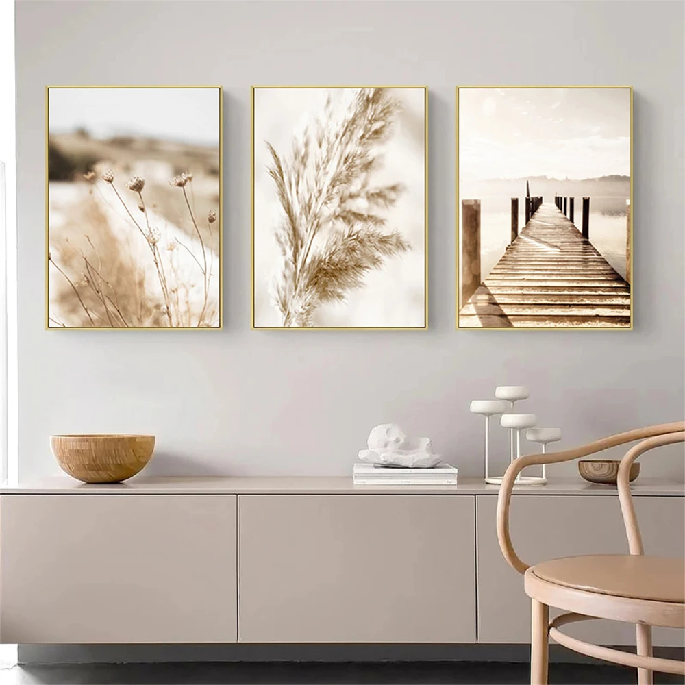 

Beige Dried Grass Reed Posters Natural Landscape Wall Art Lake Bridge Print Pictures Nordic Wall Painting Living Room Home Decor