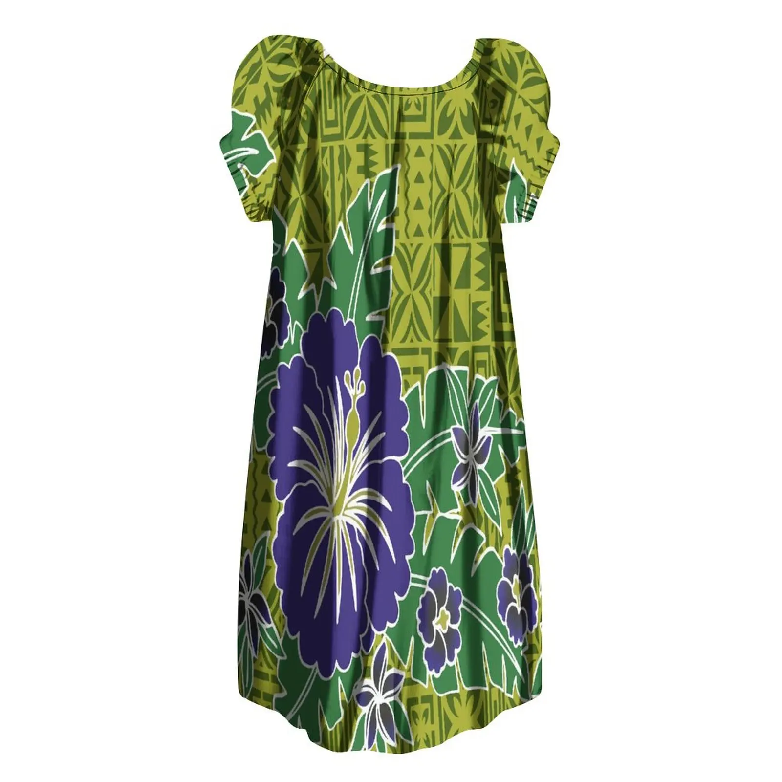 

2023 New Design Retro Summer Hawaii Papua New Guinea Holiday Dress Puffy Sleeves Low-Cut Dress Knee-Length Skirt Dress