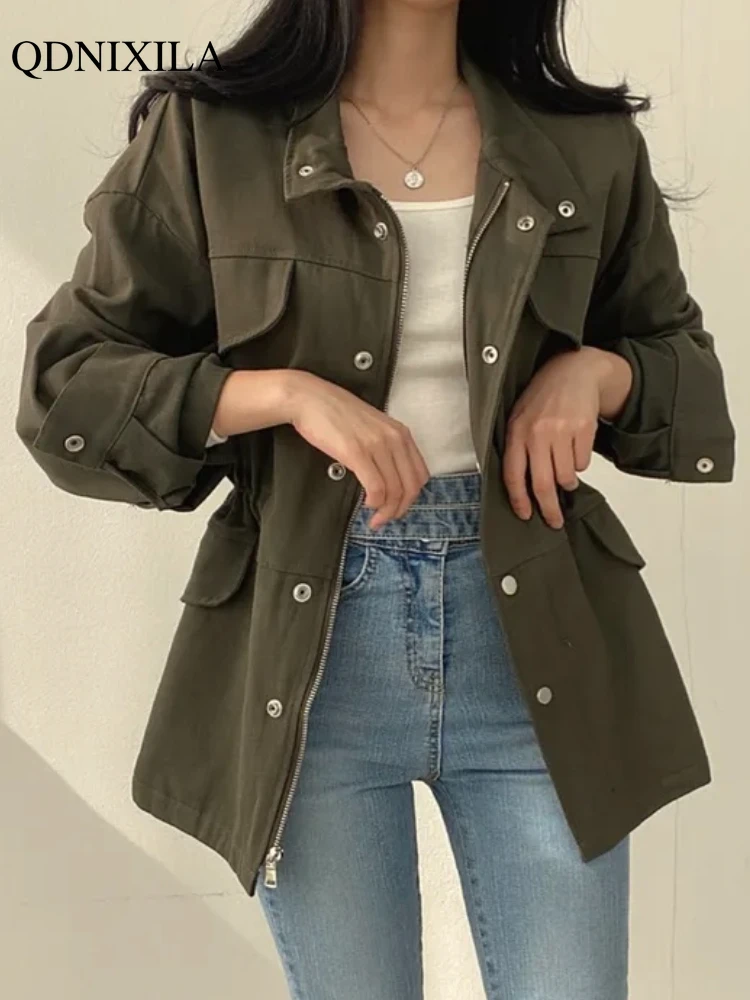 

Vintage Chic New Fall/Winter Jackets for Women Loose Fashion Drawstring Waist Short Casual Workwear Jacket Trench Women's Coats