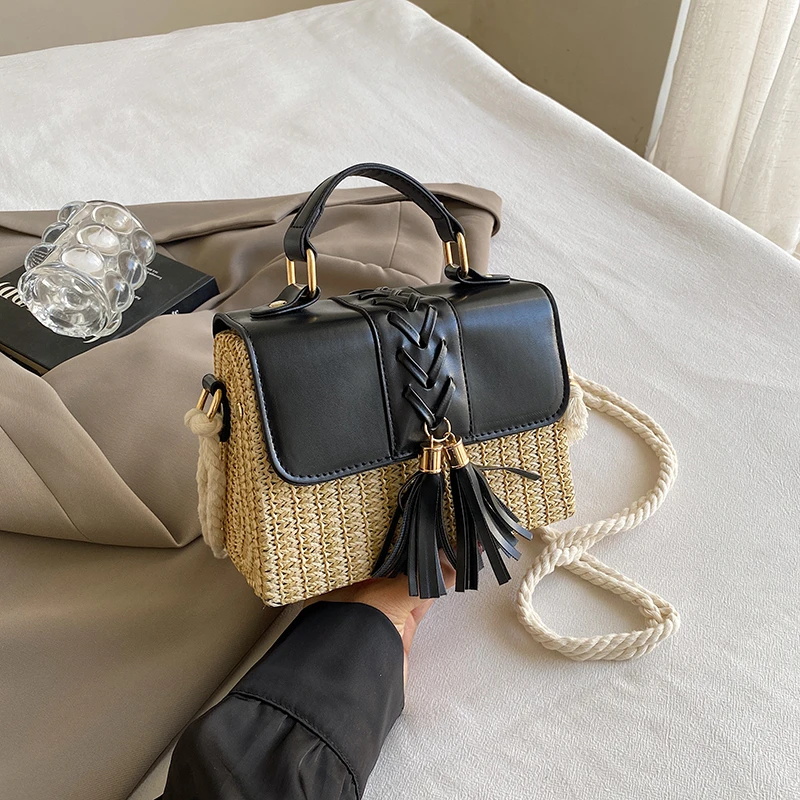 Strand Stroh Umhängetasche für Frauen neue Designer Boho Sommer tasche Pu Leder Handtasche und Geldbörse Reise Umhängetasche – Detail 4