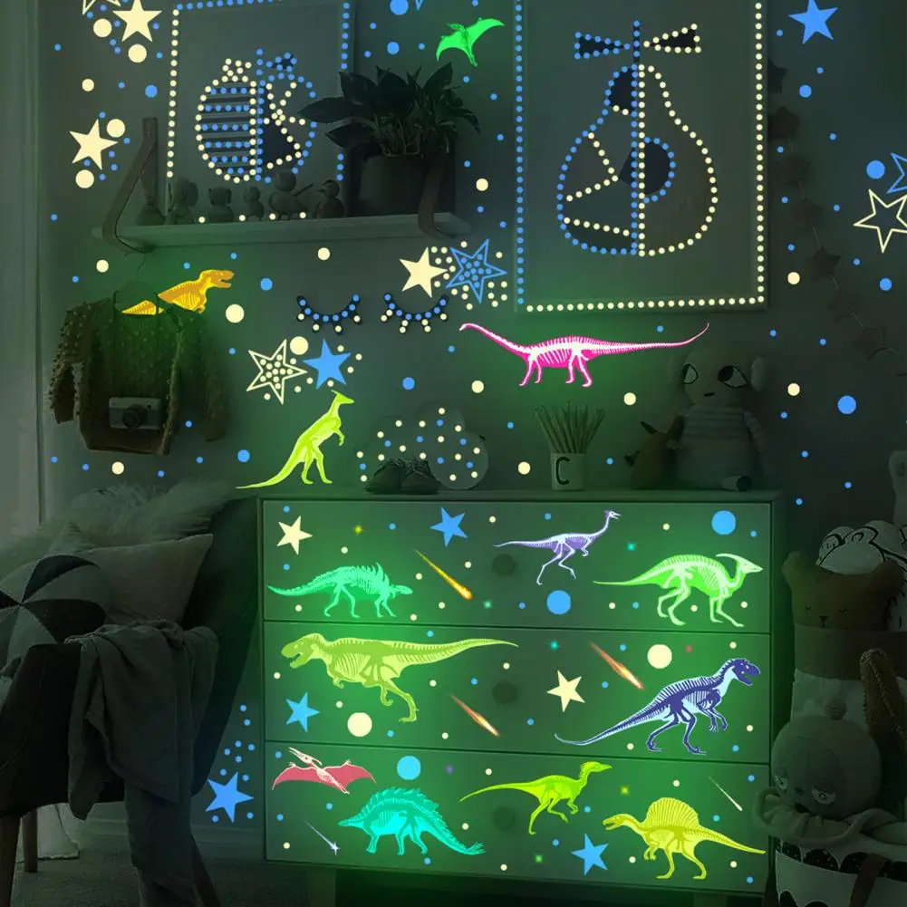 Vivid Bright Dinosaur Decals Waterproof Stickers Glow-in-the-dark Cartoon Dinosaur Stickers Wall Decor for Baby Kids Room