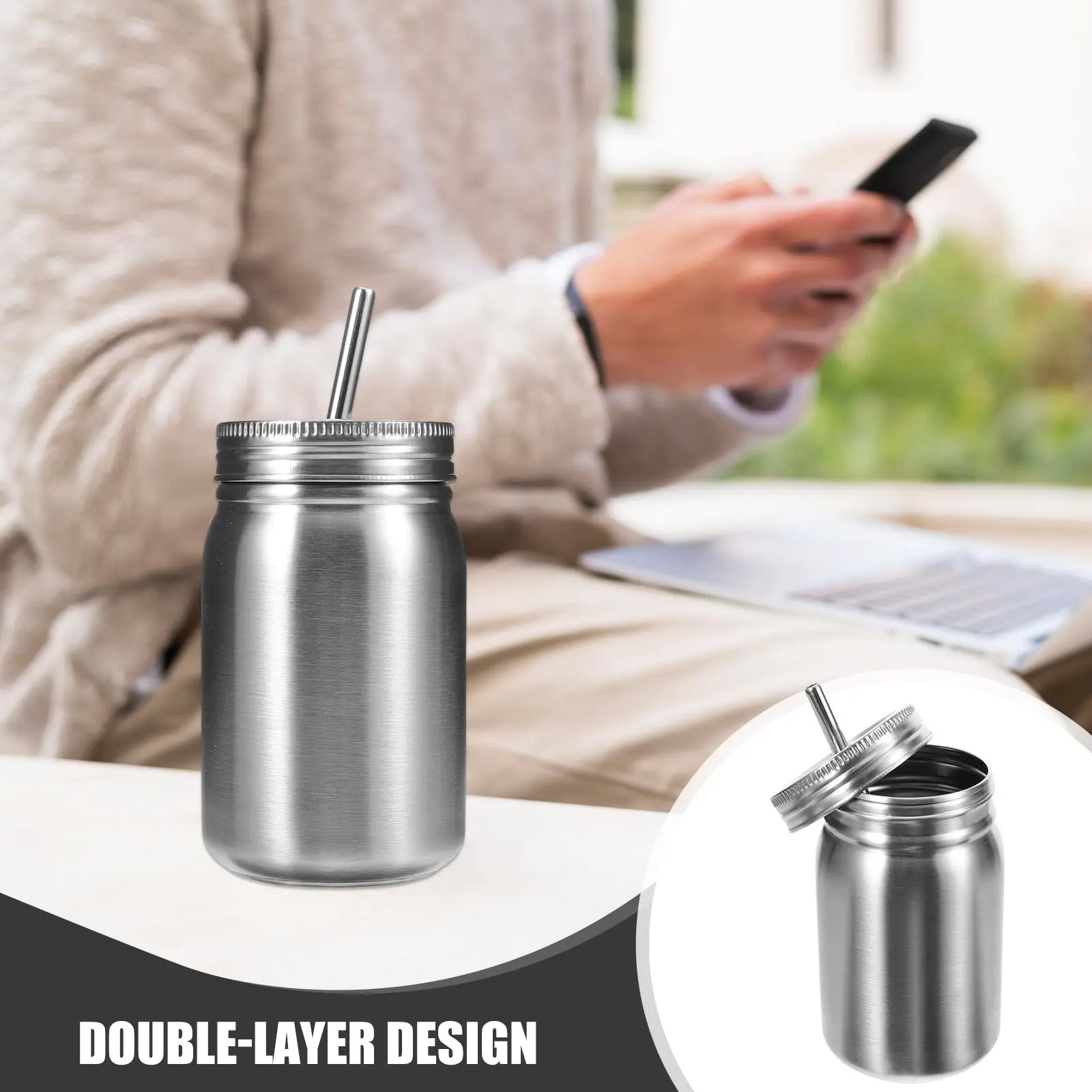 2 Pcs Stainless Steel Cup Jar with Handle Soda Can Tumbler Iced Coffee Straw Leak-proof Drinking Mugs Frothing Drinkware