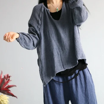 Johnature Women 2025 Autumn Linen Vintage Solid Color T-Shirts O-Neck Full Sleeve New Loose Casual Pullover Women T-Shirt 1