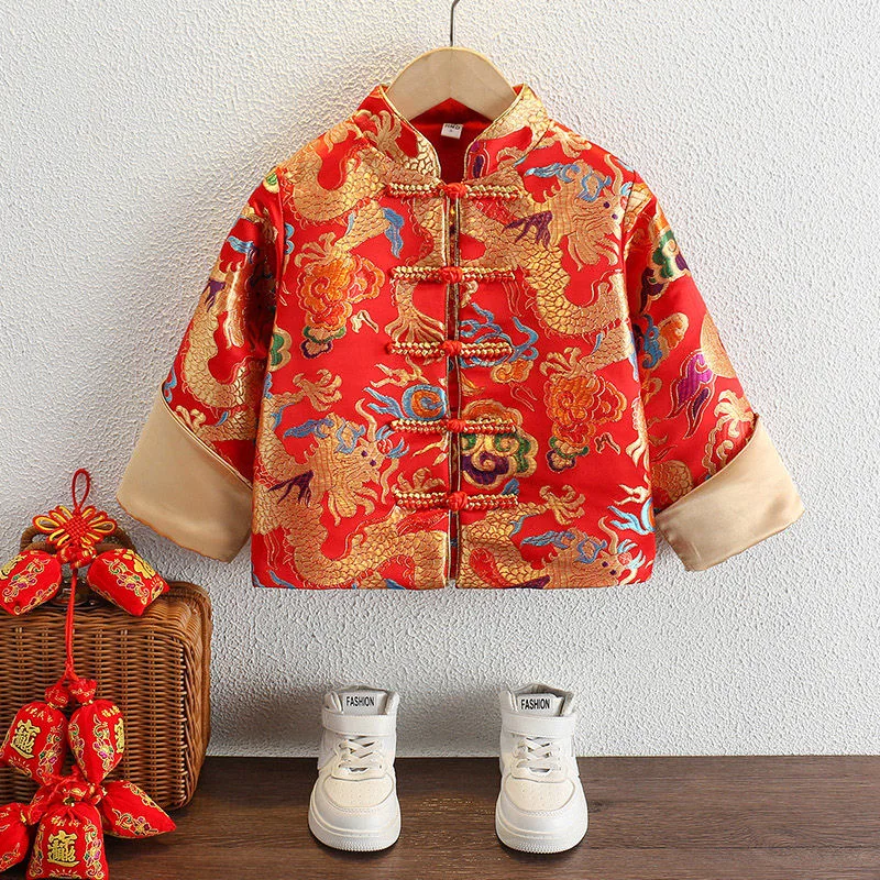 어린이 중국 스타일 Hanfu 소년 새해 당나라 정장 패션 복고풍 동양 의류 크레인 드래곤 자수 코트 어린이 의상