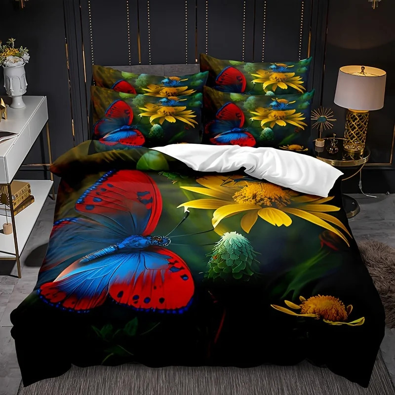 

3pcs Sunflower with Butterfly Bedding Set Floral Duvet Cover Soft Comfortable Quilt Cover with 2 Pillowcase Twin Full Queen King