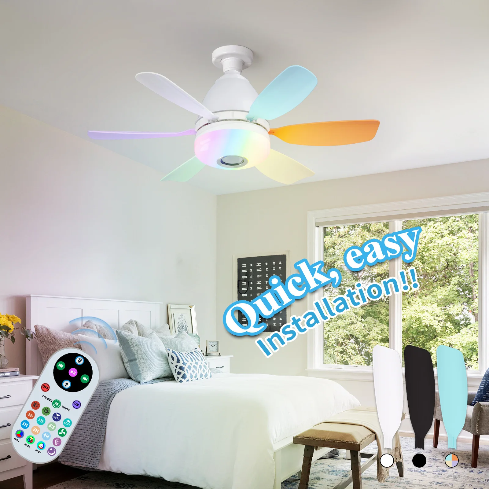 Ceiling Fans with Lights Remote Ceiling Fan RGB Dimmable Light Noiseless Black Modern Small Ceiling Fan for Bedroom Indoor