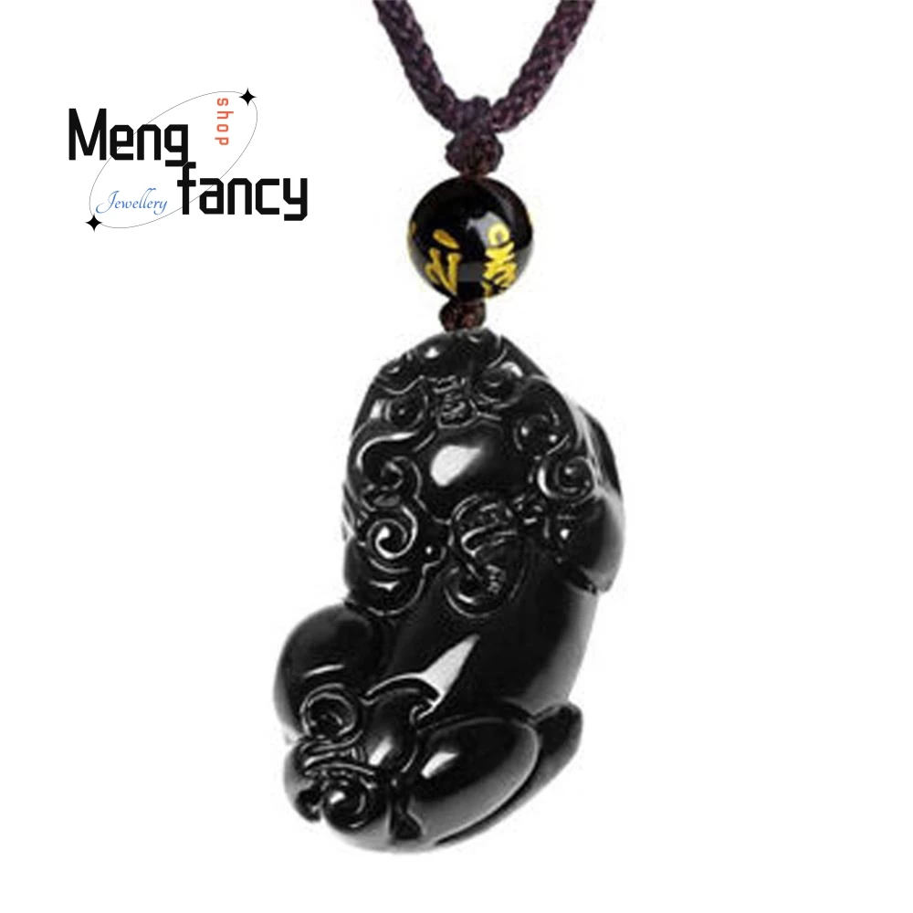 Natural Obsidian Pixiu Pendant Engraver Amulet Wedding Souvenir Fashion Jewelry Paired Couple WomenMen Necklace Gifts