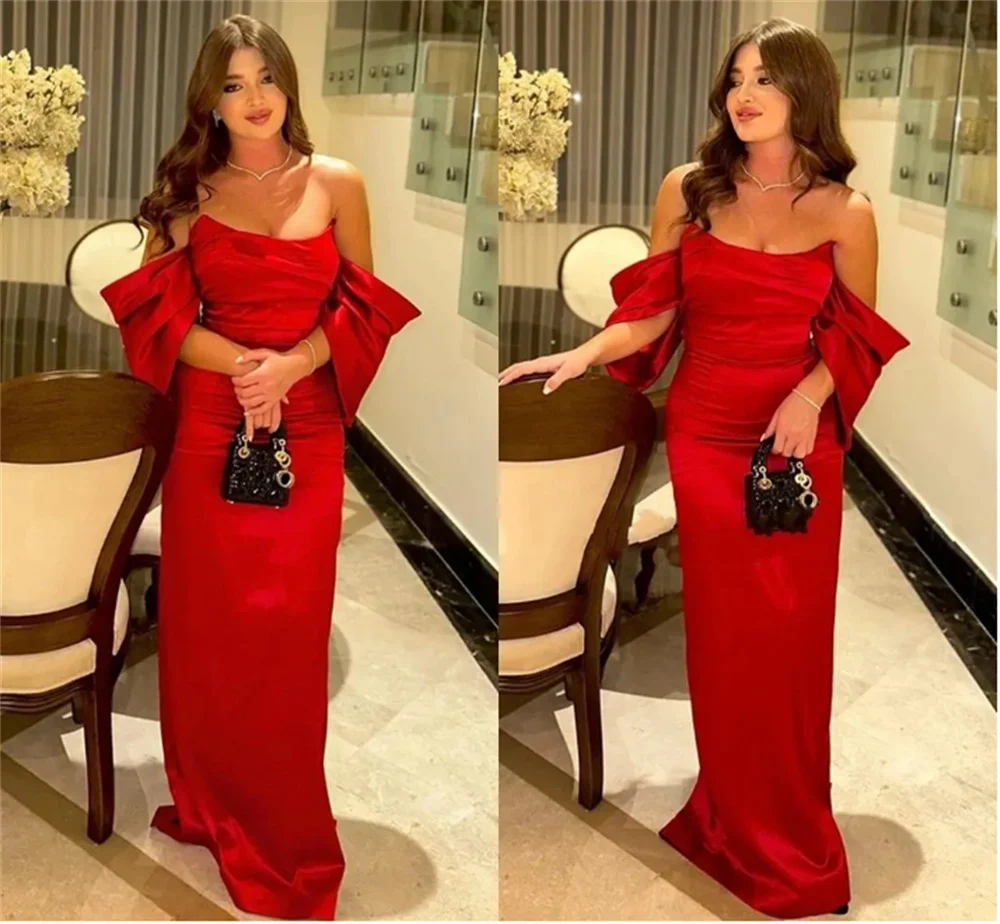 

New Style Off Shoulder Red Evening Dress 2024 Saudi Arabia Long Sheath Satin Prom Formal Party Gowns Robe De Soiree Femmes