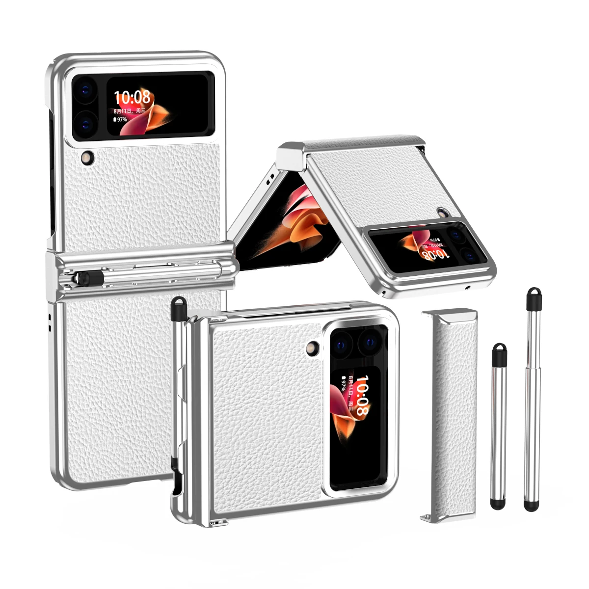 

Plating Leather Full Hinge Case For Samsung Z Flip 4 Pen Slot Holder Shockproof Cover for Galaxy Z Flip 3 With Capacitance Pen