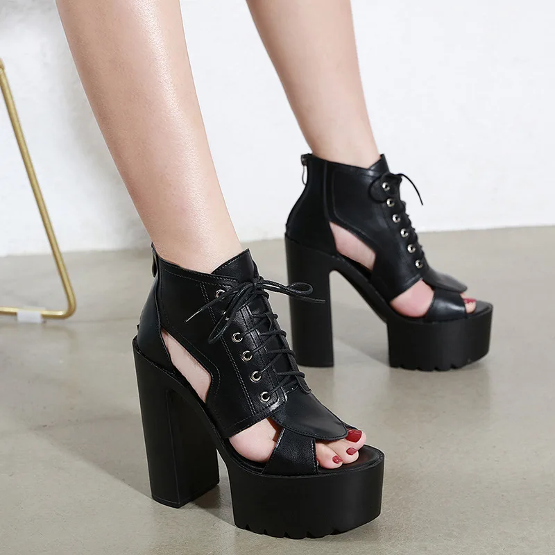 

14cm Super High Heel Roman Platform Sandals For Ladies Open Toe Black Platform Women Shoes