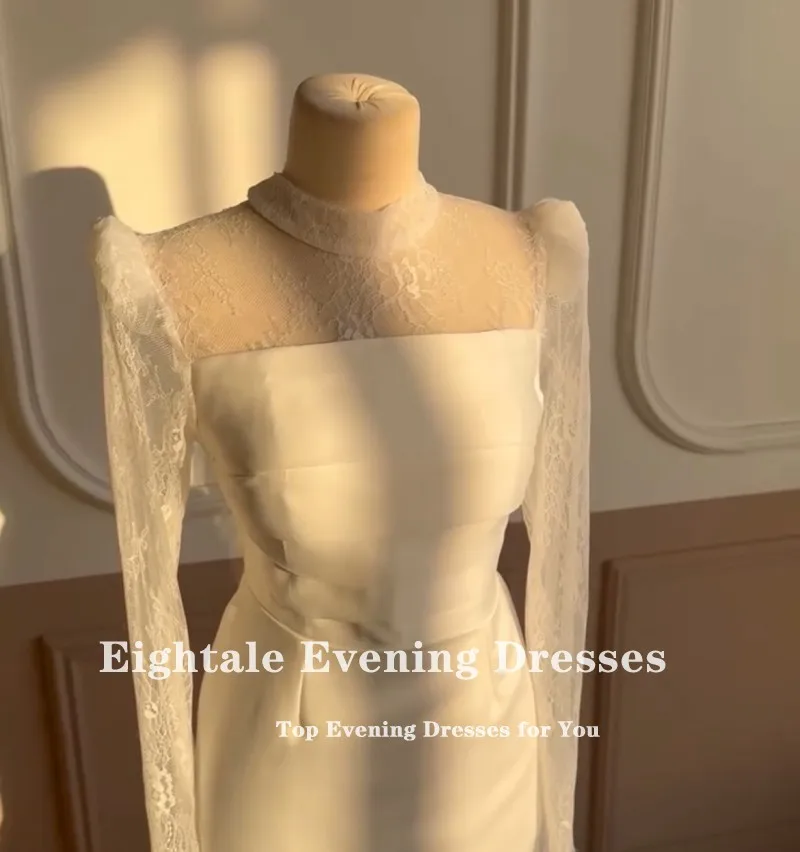 Eightale 아랍어 웨딩 드레스 높은 목 주름 맞춤형 화이트 아이보리 새틴 레이스 긴 소매 신부 가운 신부 파티 드레스