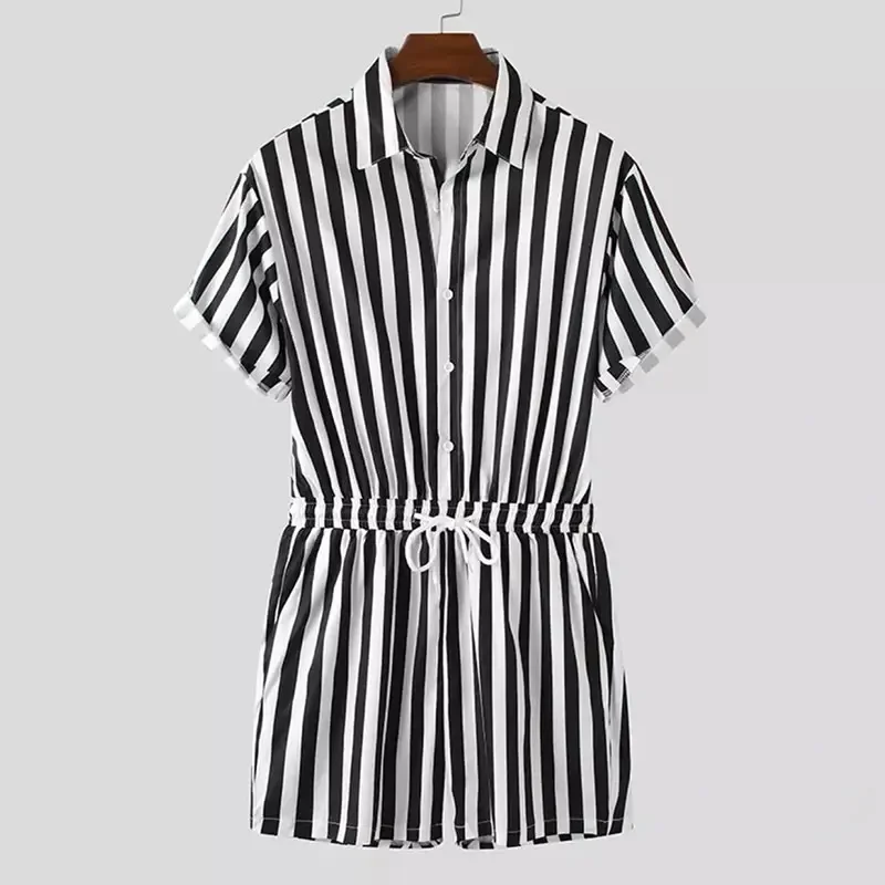2023 Men’s Striped Rompers Fashion Casual Playsuit Short Sleeve Button Shorts Lapel Jumpsuit Drawstring Streetwear