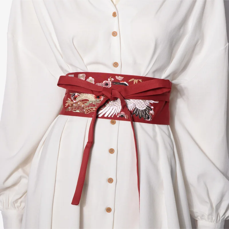 

Chinese Style Women's Wide Waistband Beautiful Embroidery Crane Adjustable Dress Belt Japanese Kimono Obi Hanfu Accessories